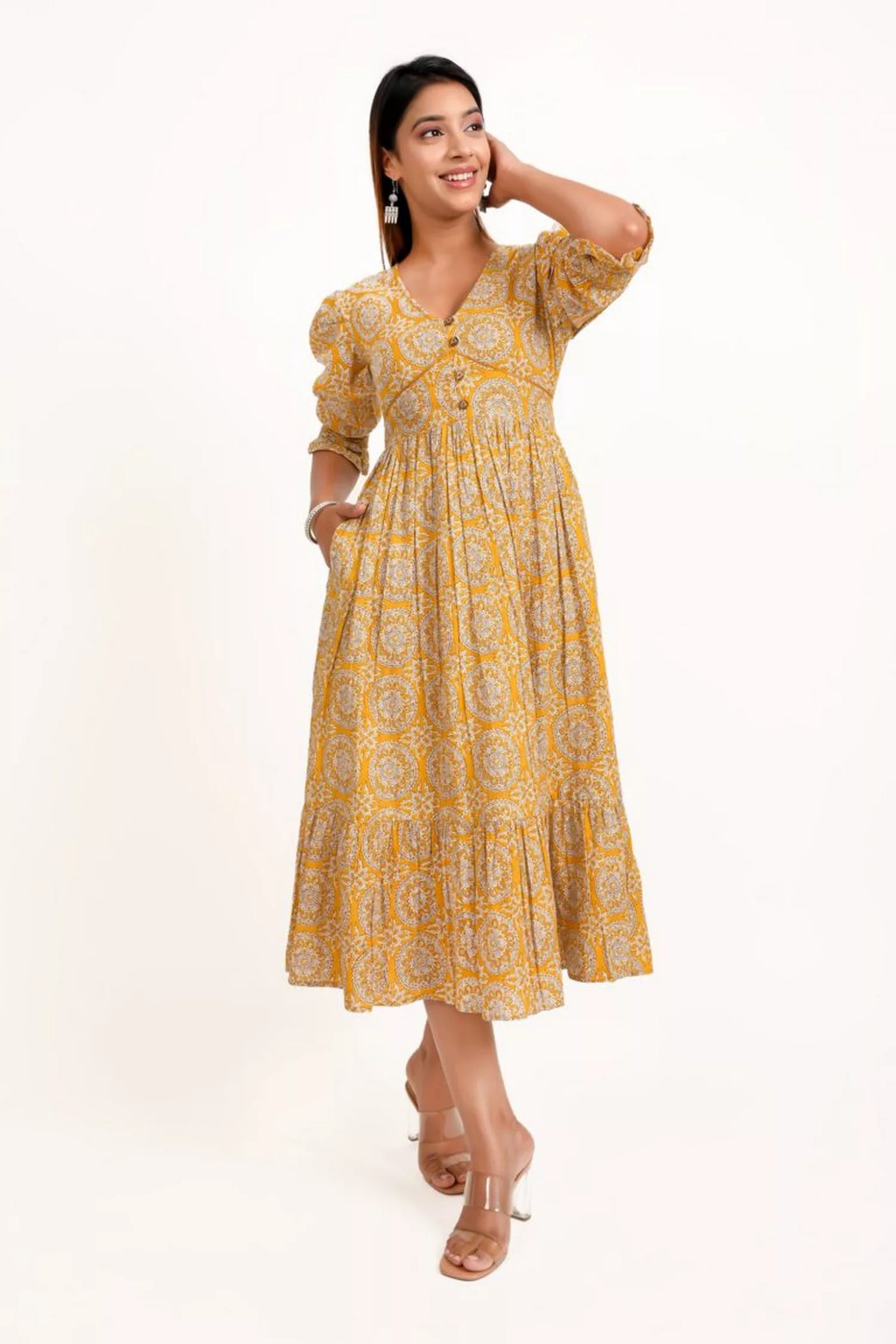 Mustard Yellow Printed Tiered Long Dress
