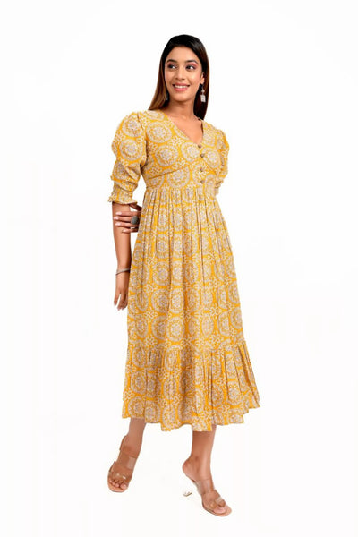 Mustard Yellow Printed Tiered Long Dress