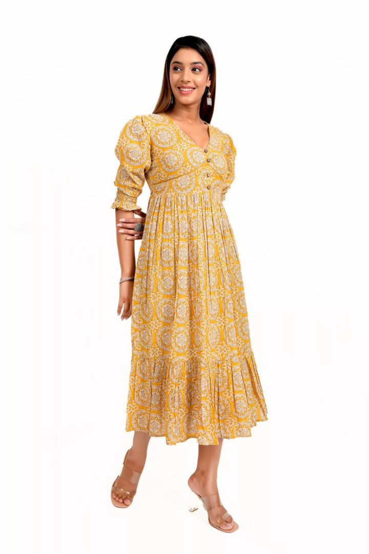 mustard-yellow-printed-tiered-long-dress