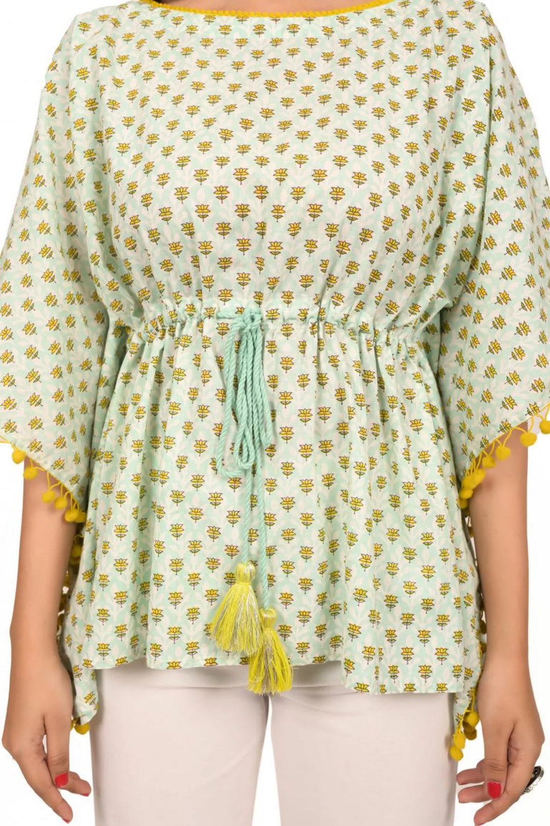 Mint Green Lotus Printed Short Kaftan