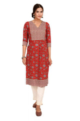 Red Floral Print Cotton Kurta