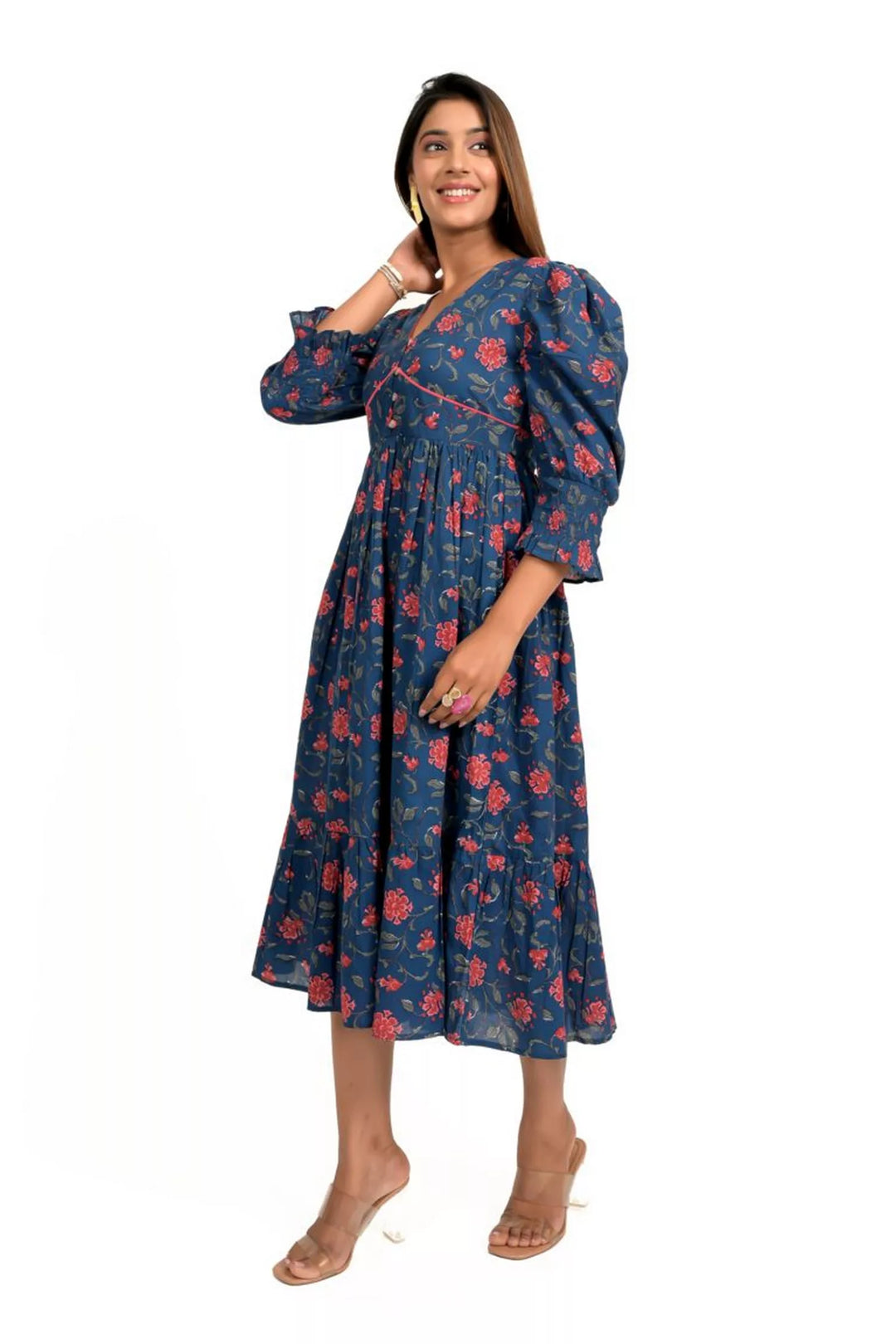 Navy Floral Printed Cotton Calf Length Dress