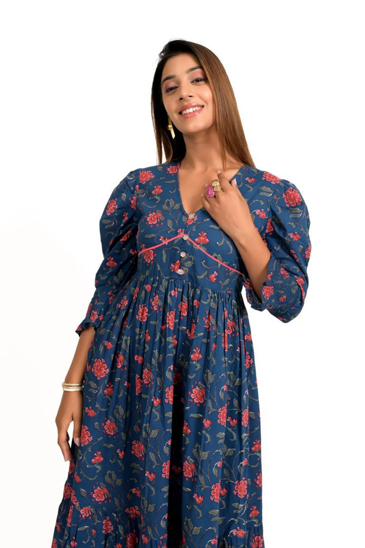 Navy Floral Printed Cotton Calf Length Dress