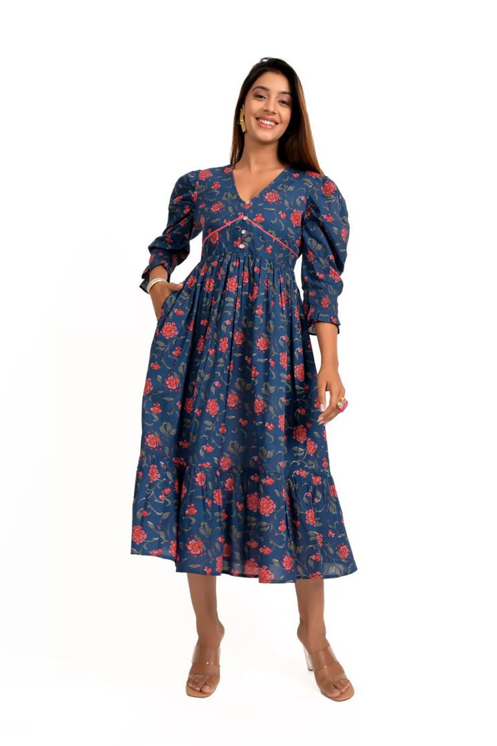 Navy Floral Printed Cotton Calf Length Dress