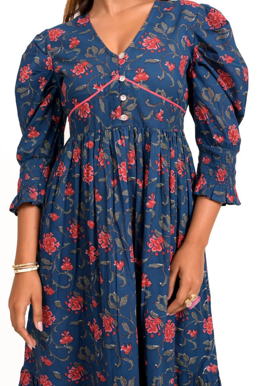 Navy Floral Printed Cotton Calf Length Dress