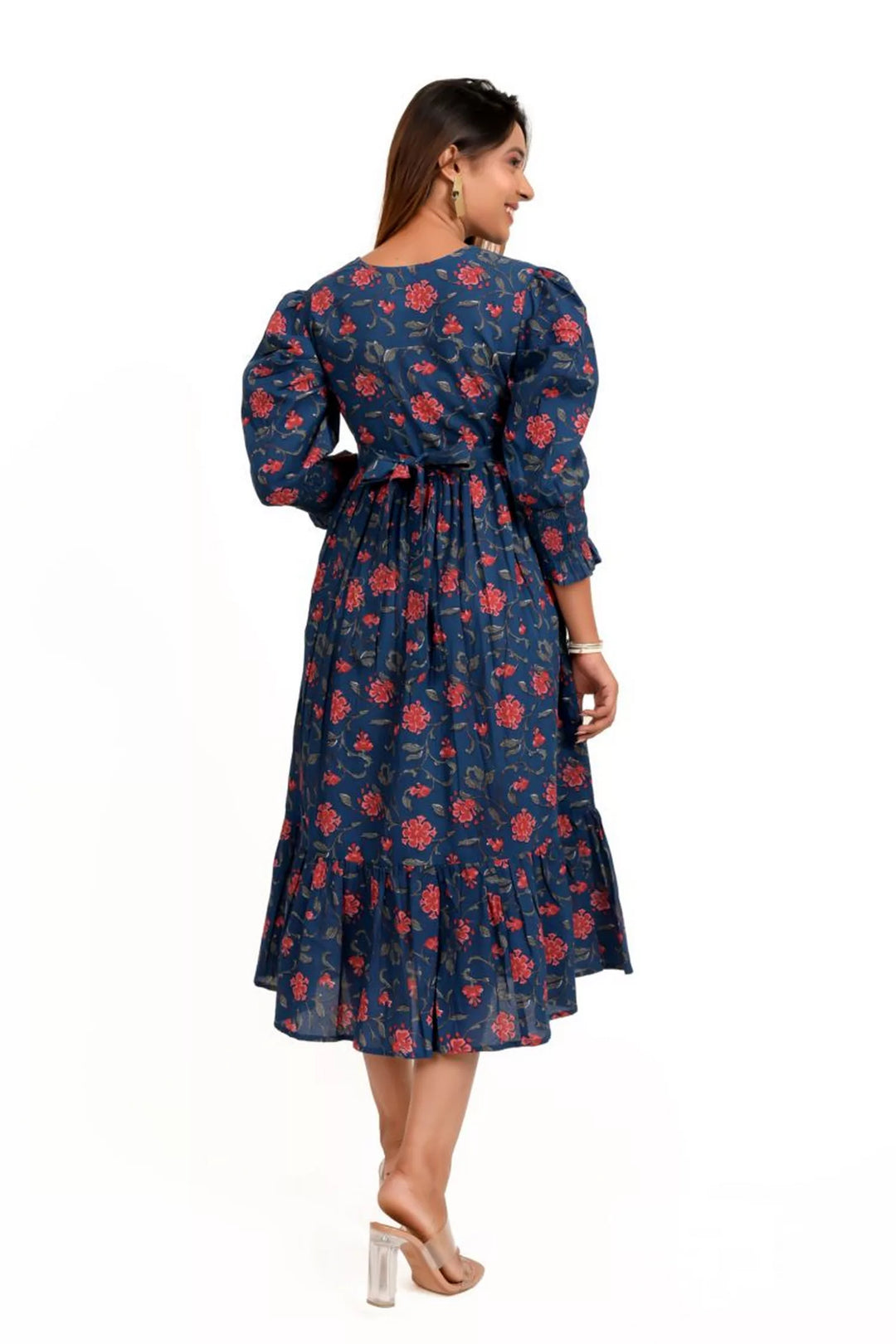 Navy Floral Printed Cotton Calf Length Dress