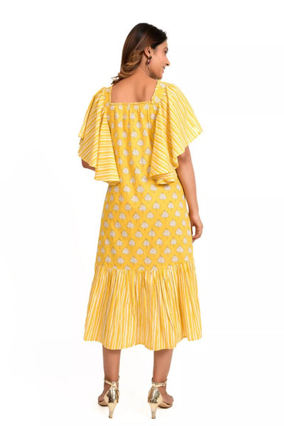 Yellow and White Printed Frill Dress