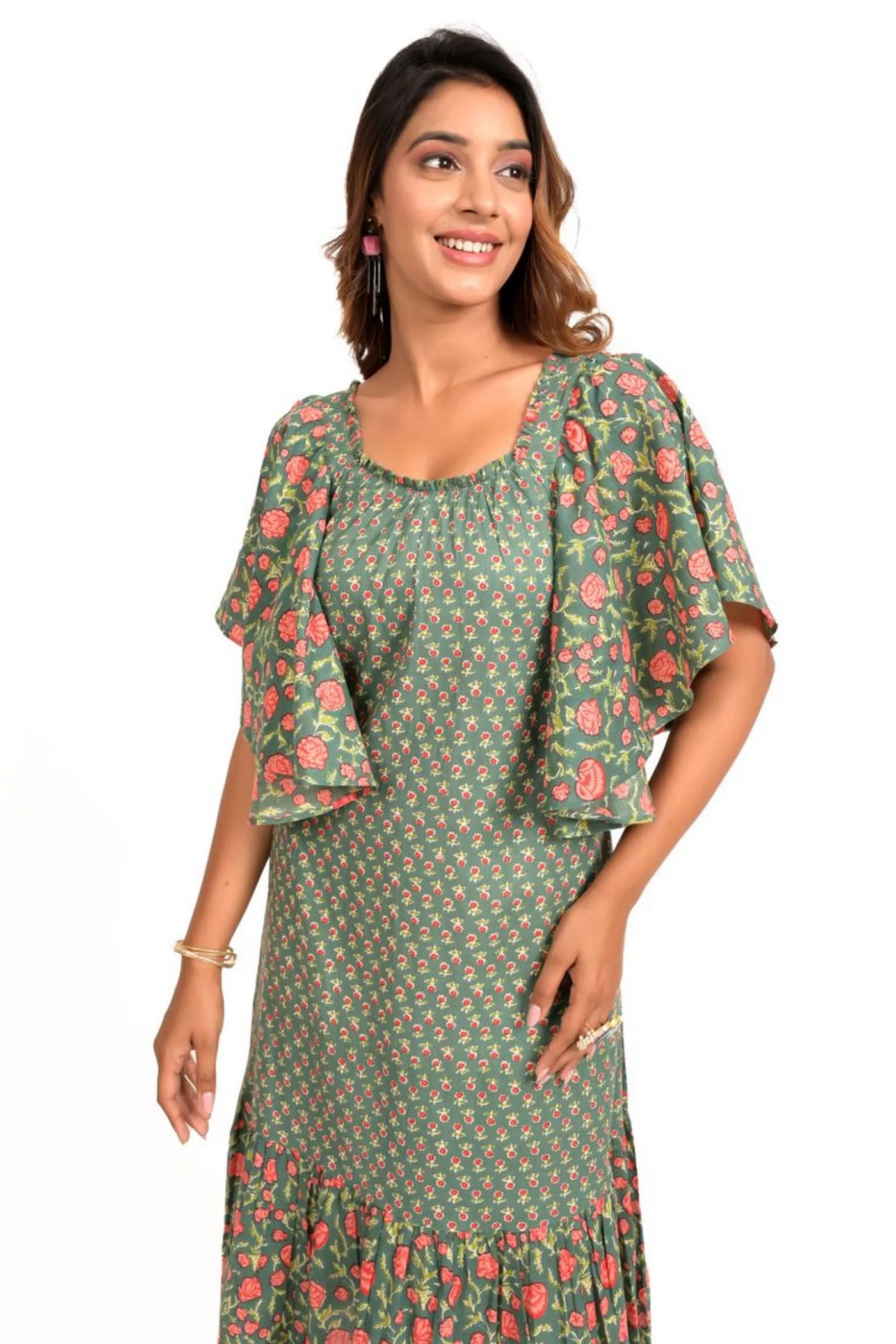 Green and Peach Printed Frill Dress