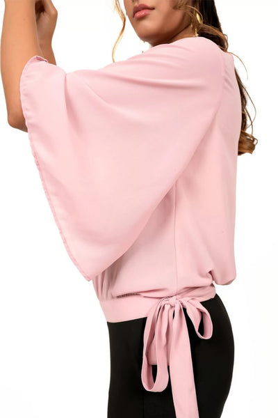 Dusty Pink Bell Sleeve Waist Tie-up Top