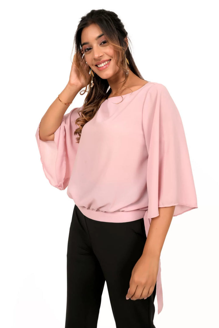 Dusty Pink Bell Sleeve Waist Tie-up Top