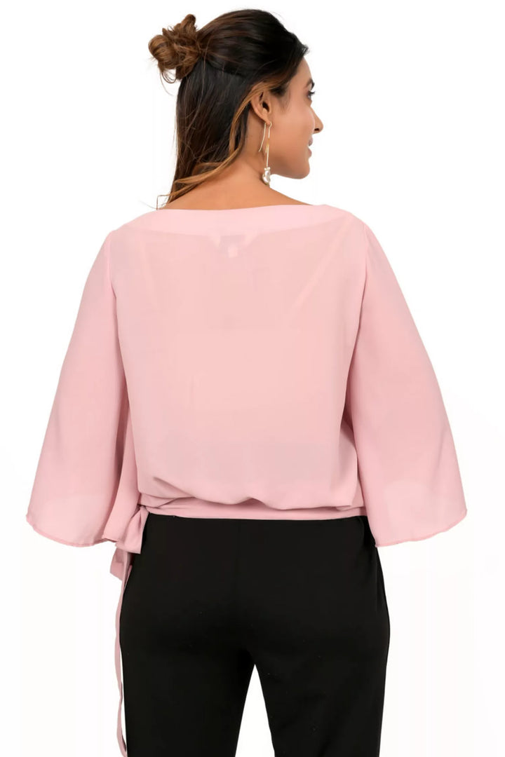 Dusty Pink Bell Sleeve Waist Tie-up Top