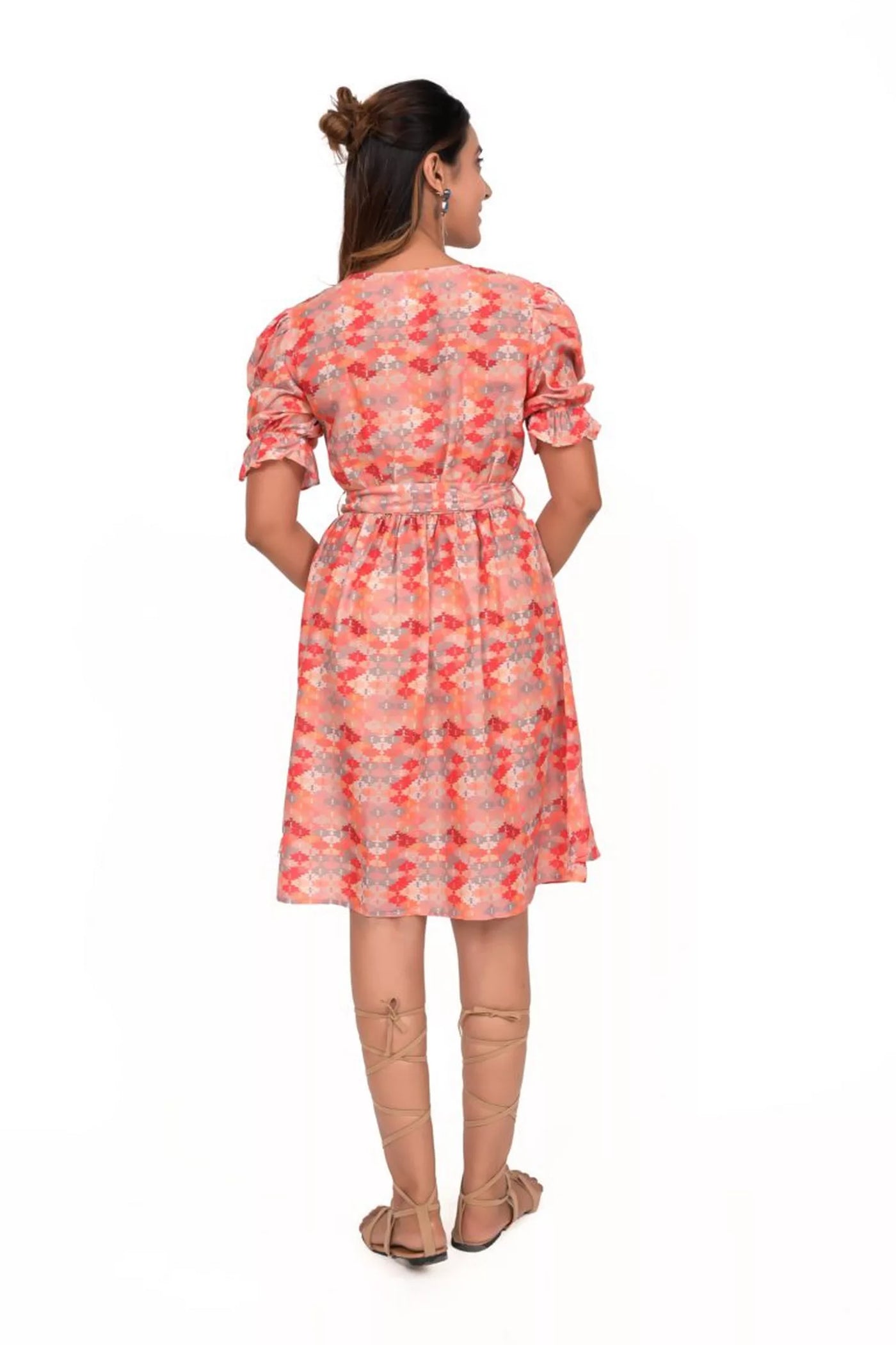 Peach Multicoloured Geometric Printed Cascade Short Dress