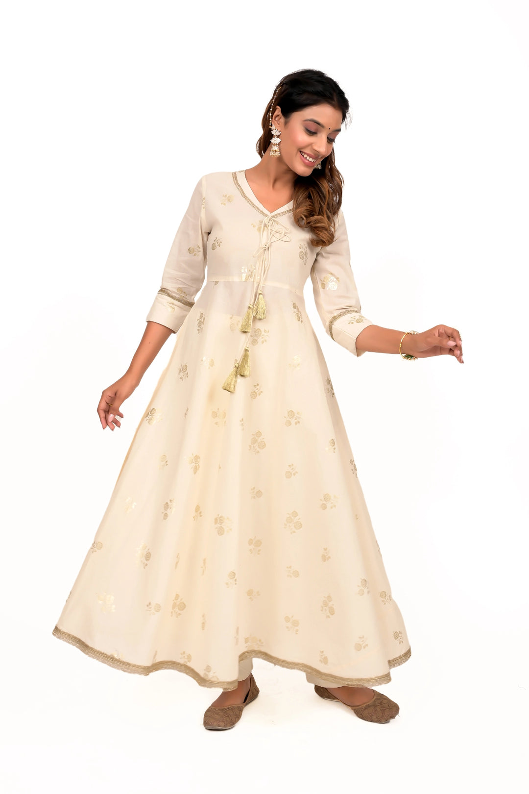 Cream Foil Print Anarkali Cotton Kurta