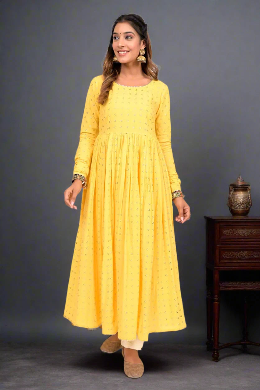
                Yellow Foil Print Anarkali Cotton Kurta
              