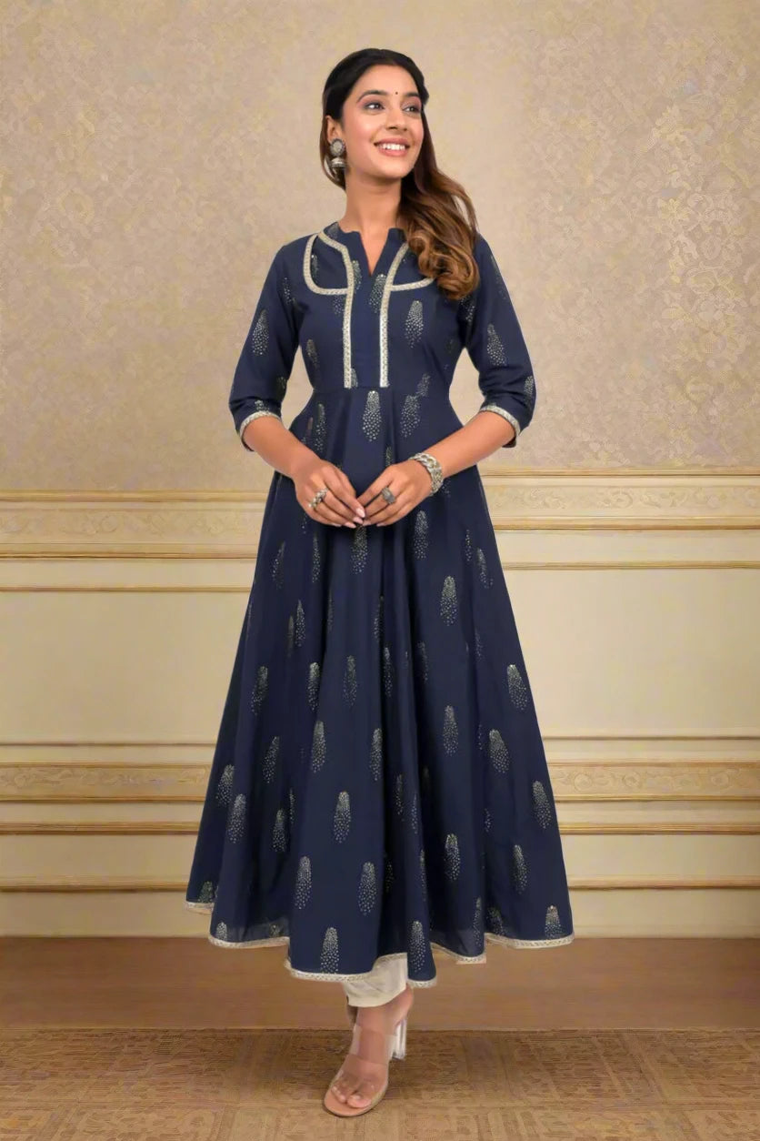
                Navy Blue Foil Print Anarkali Cotton Kurta
              