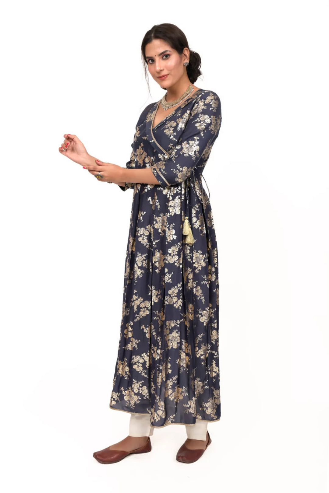 Navy Blue Foil Print Mul Silk Anarkali Kurta