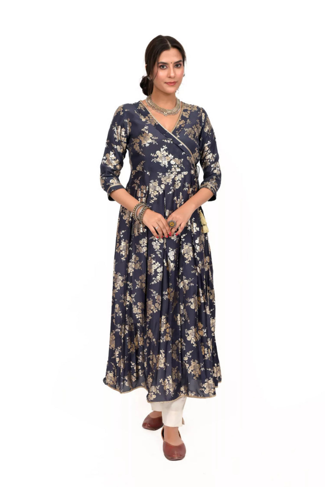 Navy Blue Foil Print Mul Silk Anarkali Kurta