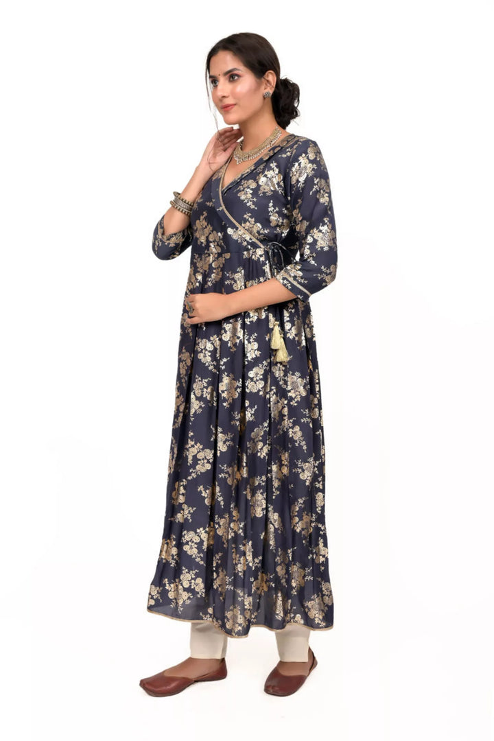 Navy Blue Foil Print Mul Silk Anarkali Kurta