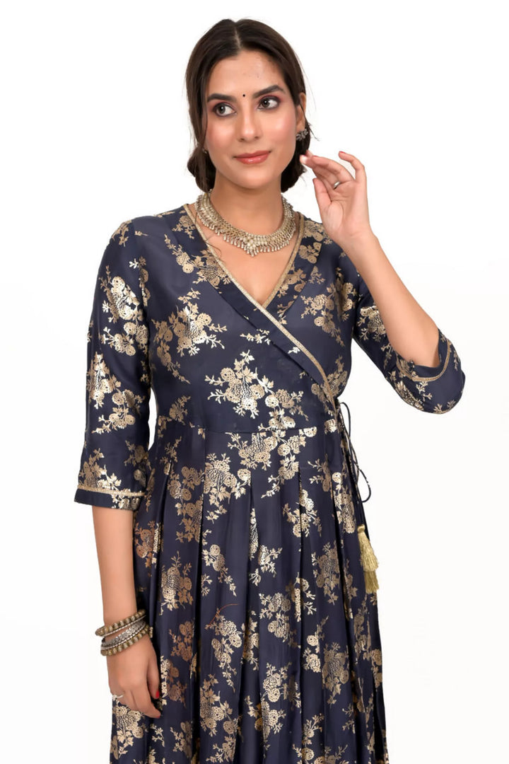 Navy Blue Foil Print Mul Silk Anarkali Kurta