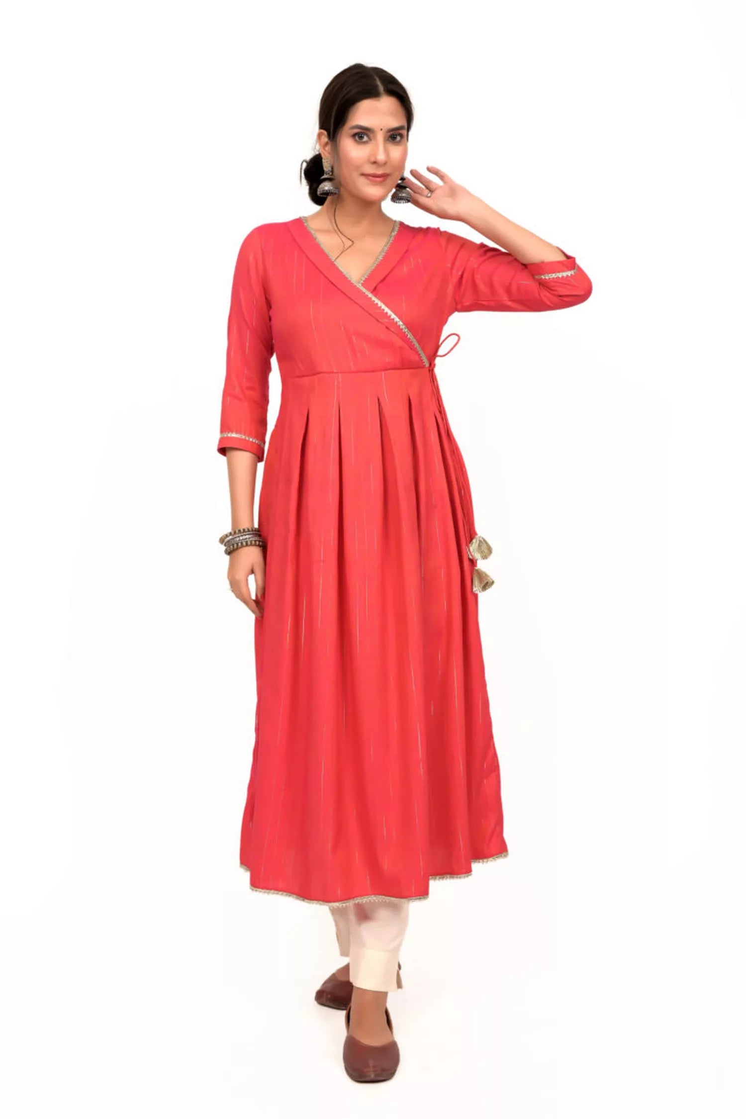 
                Pink Foil Print Wraparound Kurta
              