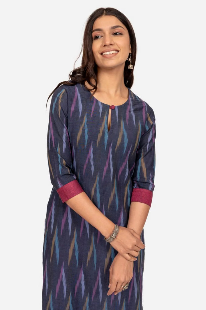 Navy Ikat Straight Fit Kurta