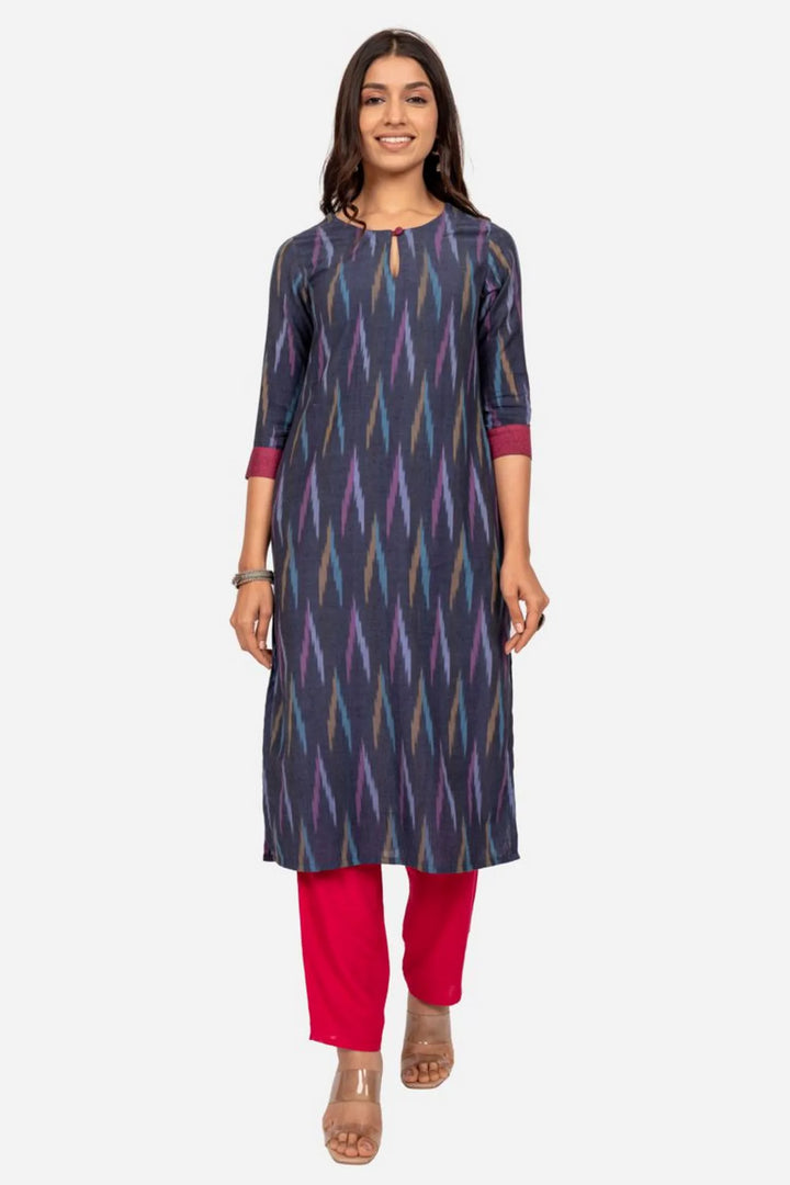 Navy Ikat Straight Fit Kurta