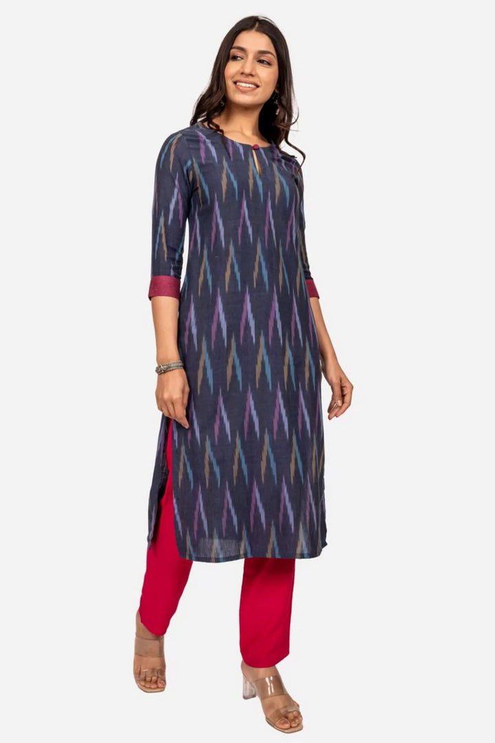 Navy Ikat Straight Fit Kurta