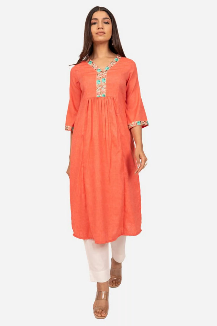 Peach Thread Embroidery Pleated Kurta