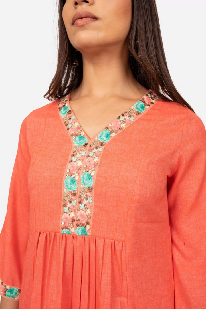 Peach Thread Embroidery Pleated Kurta