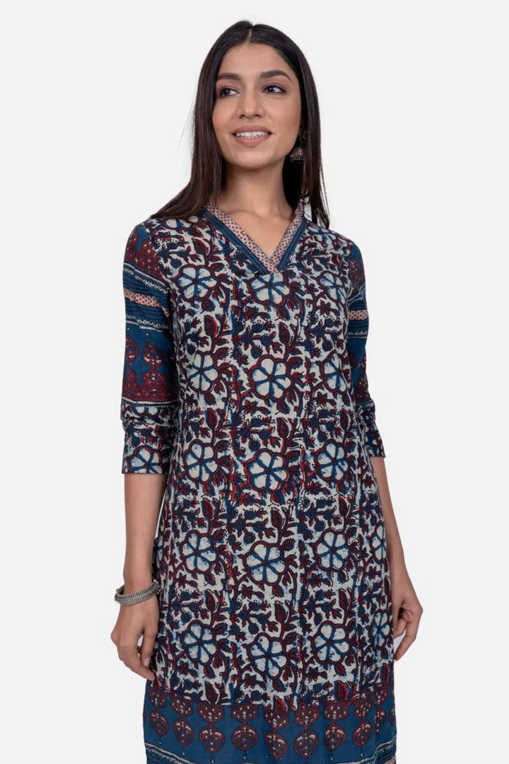 Navy Ajrakh Printed Kurta