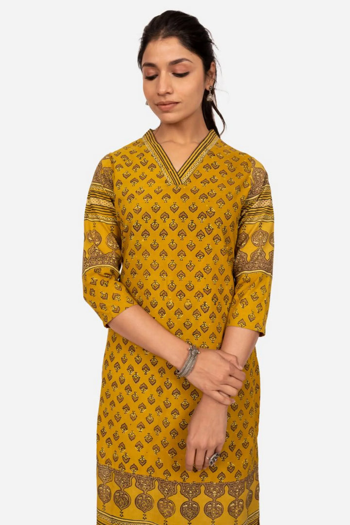 Mustard Ajrakh Printed Kurta