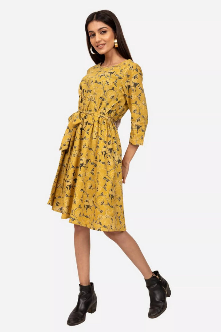 Yellow Ajrakh Flared Dress