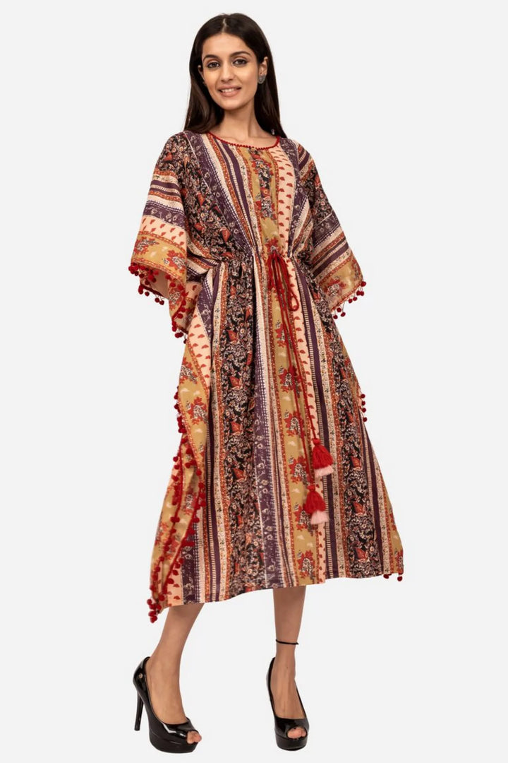 Purple and red multicolor printed kaftan dress