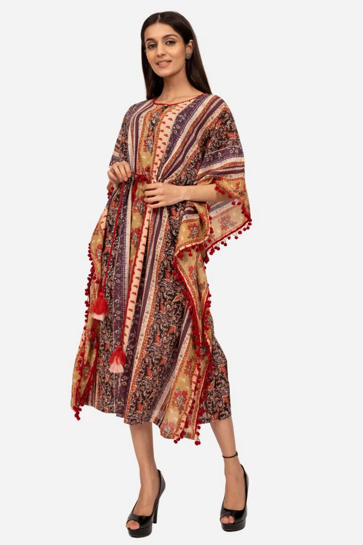 Purple and red multicolor printed kaftan dress