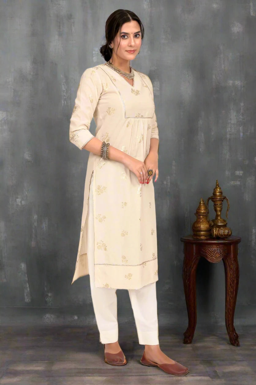 
                Cream Foil Print Cotton Kurta
              