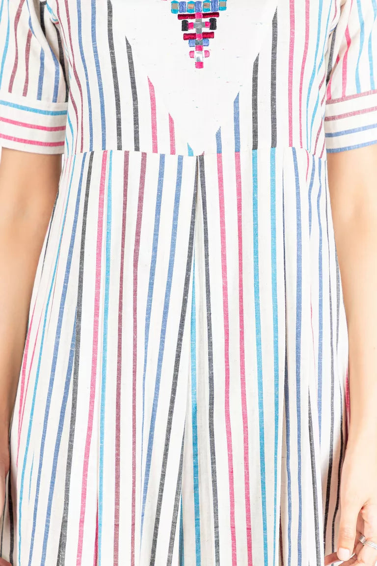 Cream & Colorful Striped Woven Dress