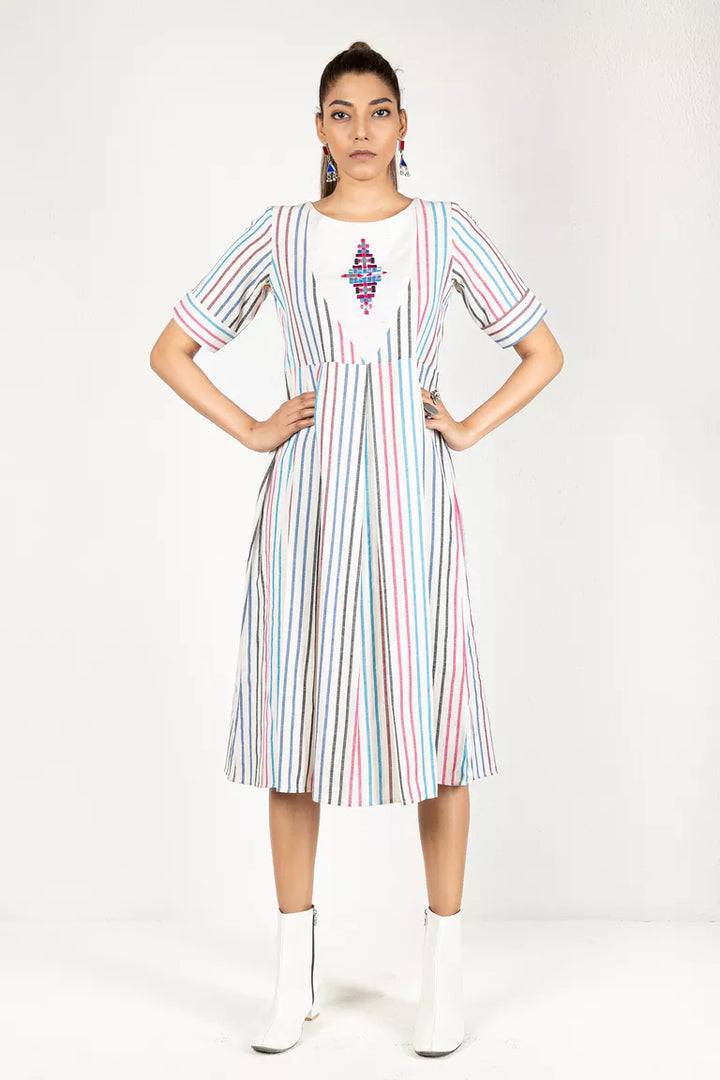 Cream & Colorful Striped Woven Dress