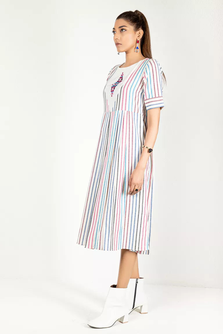Cream & Colorful Striped Woven Dress
