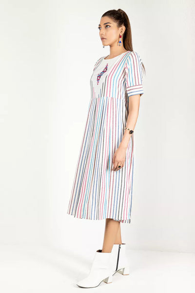 Cream & Colorful Striped Woven Dress