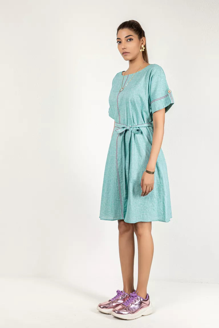 Two-Tone Yarn Dyed Sea-Green Dress