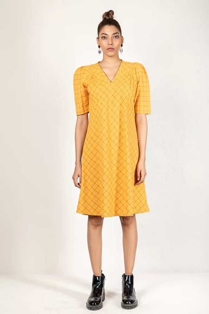 Mustard Yellow Woven Checked Dress