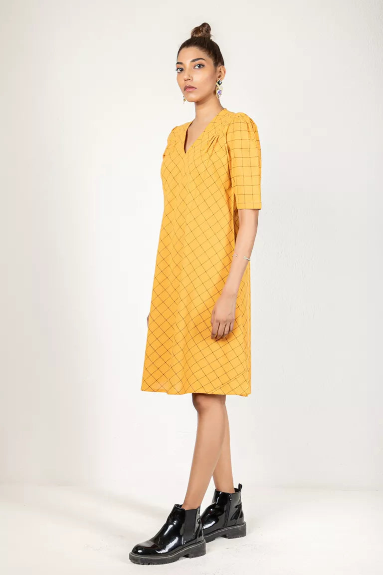 Mustard Yellow Woven Checked Dress