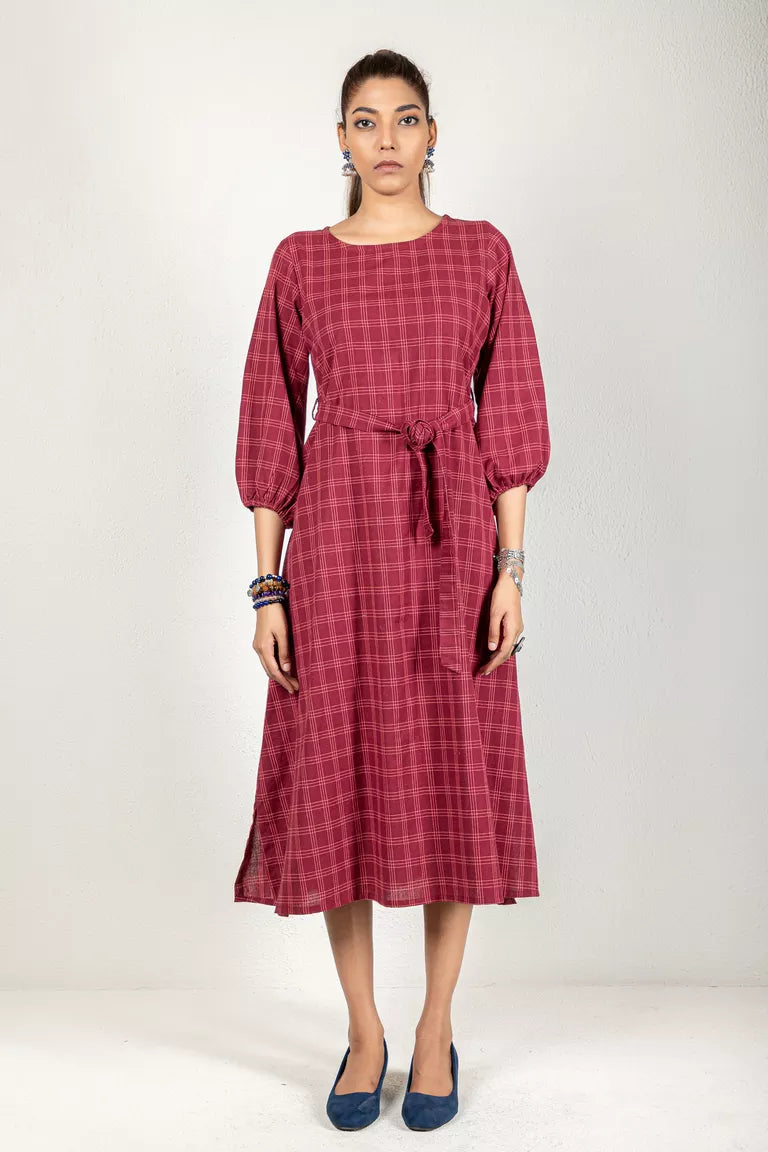 Wine-Colored Woven Checked Dress