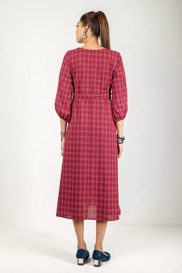 Wine-Colored Woven Checked Dress