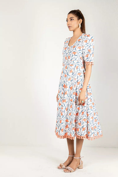 Off-White With Blue & Peach Hand Block Printed Dress