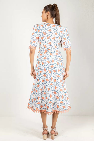 Off-White With Blue & Peach Hand Block Printed Dress