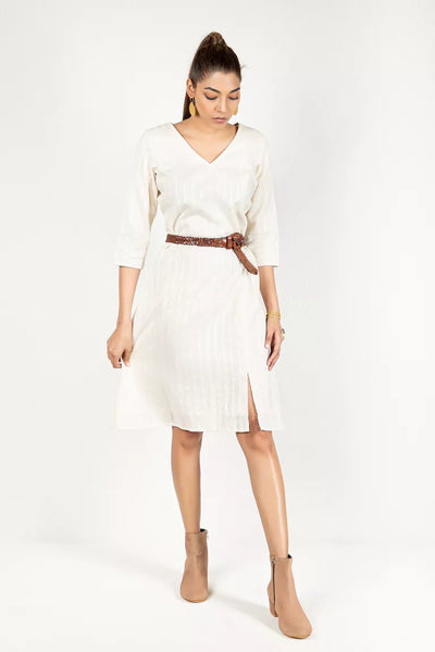 Cream Cotton Silk Woven Striped Dress