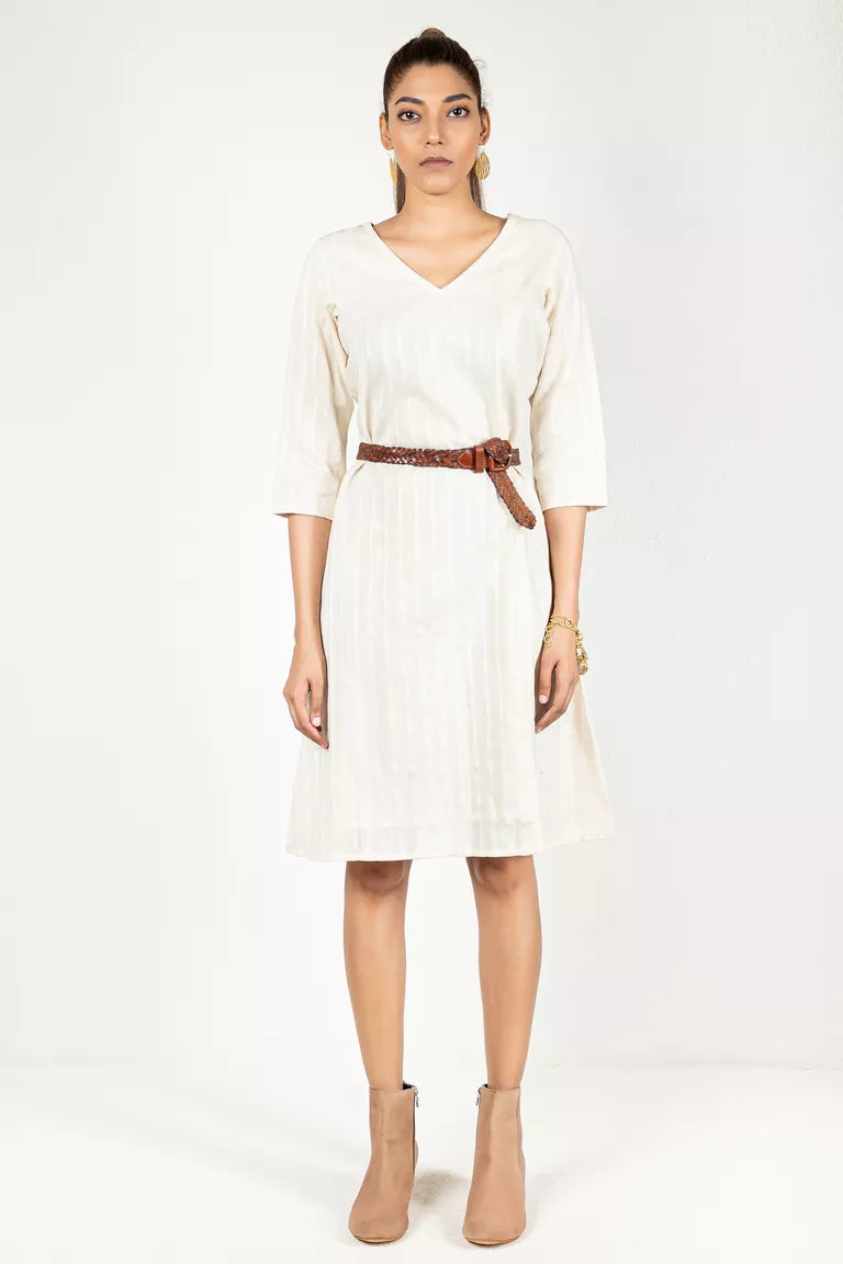 Cream Cotton Silk Woven Striped Dress