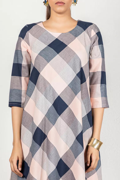 Baby Pink & Navy Blue Cotton Checked Dress