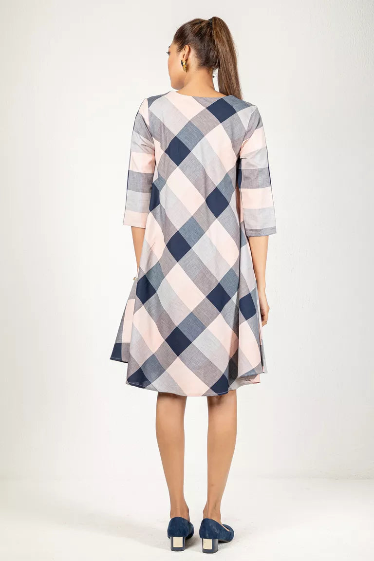 Baby Pink & Navy Blue Cotton Checked Dress